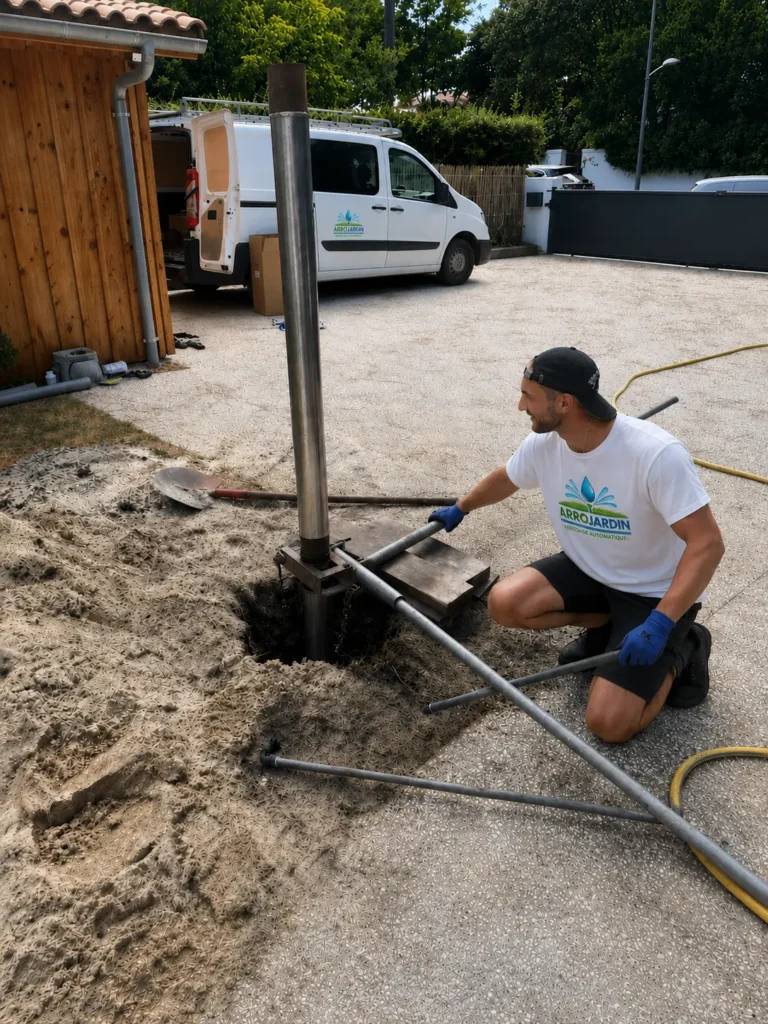 Sylvain Croze réalisant un forage pour un système d'arrosage automatique sur le Bassin d'Arcachon